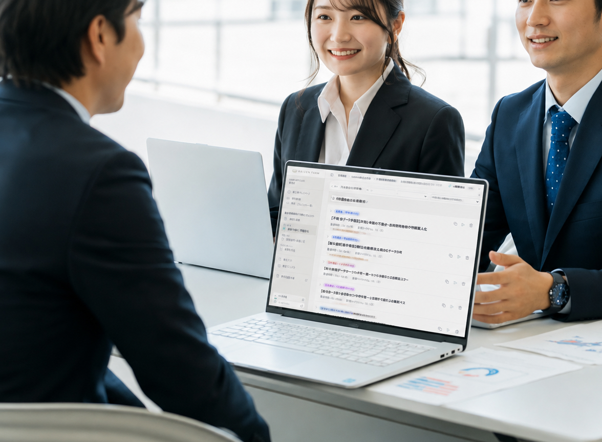 KAIZEN FARMの画面を見ながら打ち合わせを行う様子